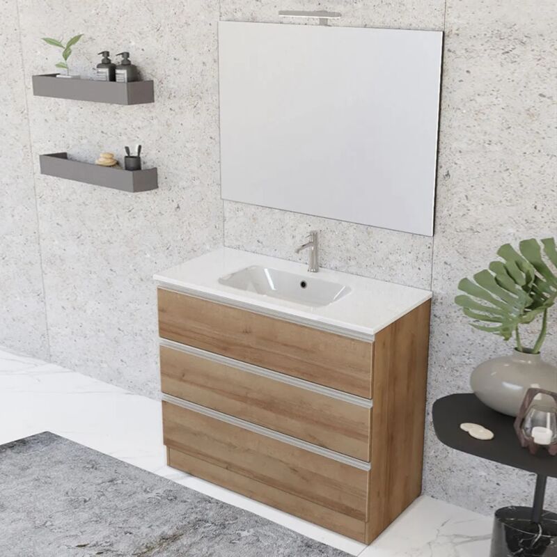 foto del prodotto inbagno mobile bagno a terra 100 cm master rovere con lavabo e specchio