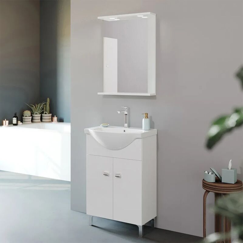 foto del prodotto inbagno mobile bagno a terra 55 cm creta bianco lucido con lavabo e specchio