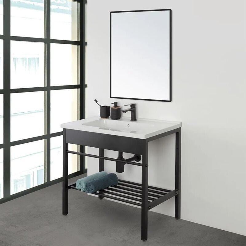 foto del prodotto inbagno mobile bagno a terra 60 cm stile industrial nero opaco con specchio borg