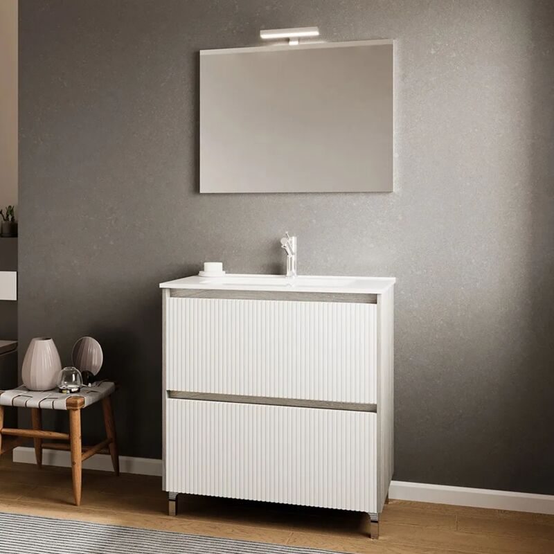 foto del prodotto inbagno mobile bagno a terra 80 cm bianco cannettato e grigio con cassetti porto