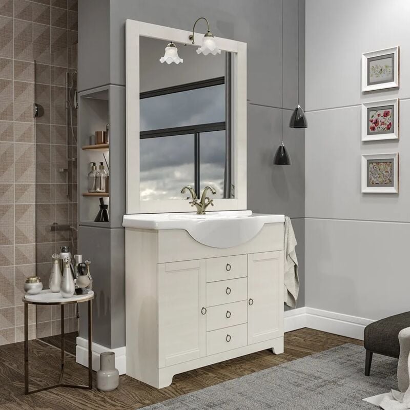 foto del prodotto inbagno mobile bagno a terra 85 cm bianco decape con lavabo specchio e lampada romantica