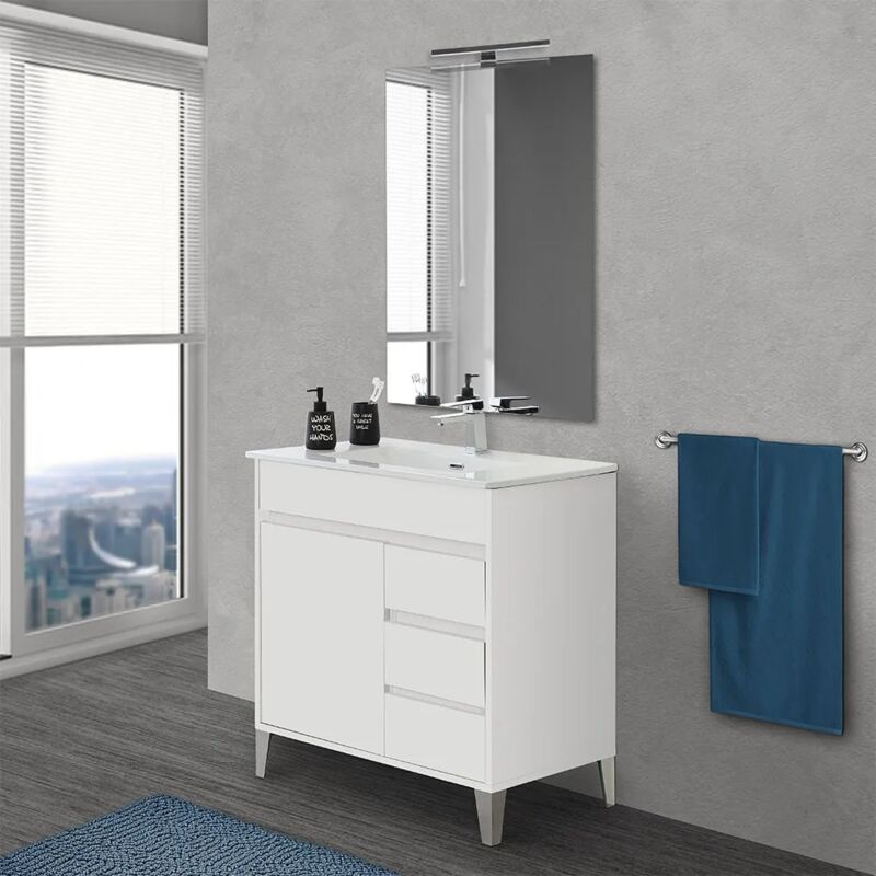 foto del prodotto inbagno mobile bagno a terra da 80 cm linea way bianco lucido con specchio e lavabo