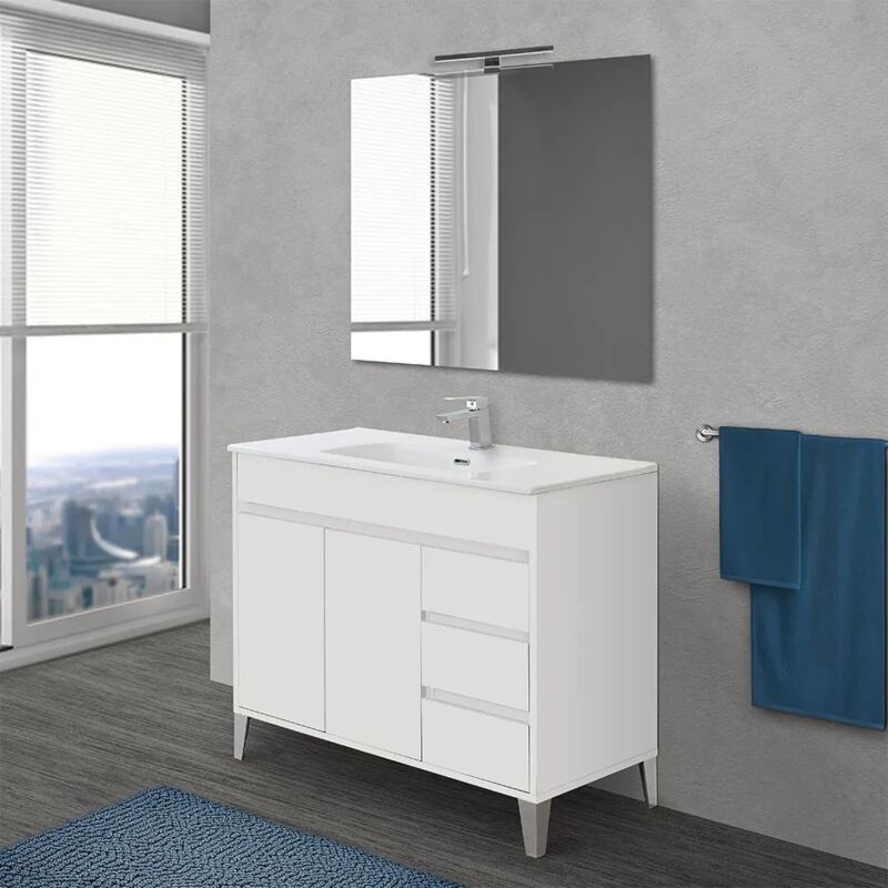 foto del prodotto inbagno mobile bagno da terra 100 cm linea way bianco lucido con specchio e lavabo