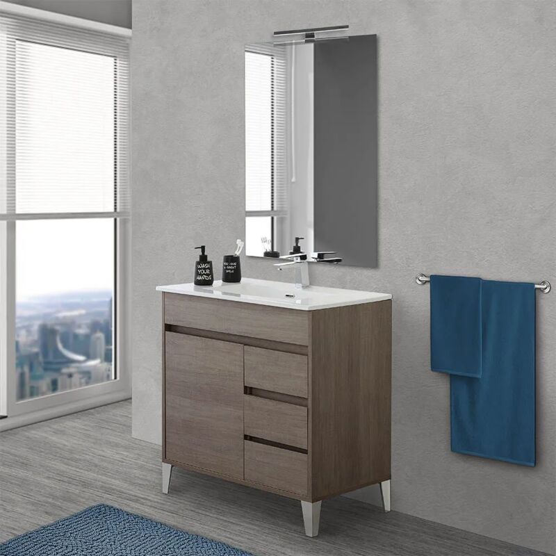 foto del prodotto inbagno mobile bagno da terra 80 cm linea way rovere scuro con specchio e lavabo