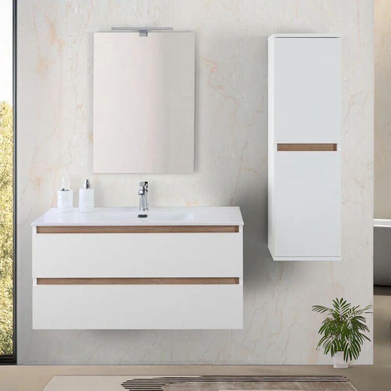 foto del prodotto inbagno mobile bagno sospeso 100 cm bianco e rovere con cassetti soft close kleo