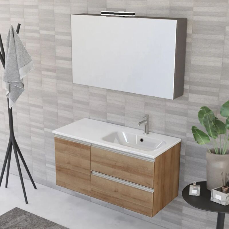 foto del prodotto inbagno mobile bagno sospeso 100 cm master rovere con lavabo e specchio contenitore