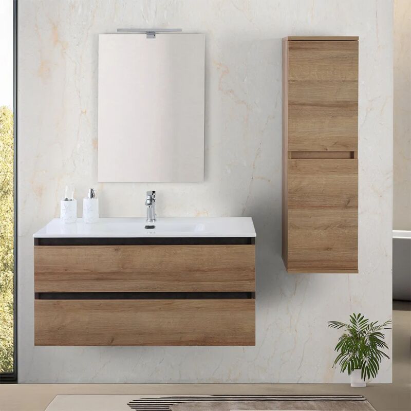 foto del prodotto inbagno mobile bagno sospeso 100 cm ossido e rovere con cassetti soft close kleo
