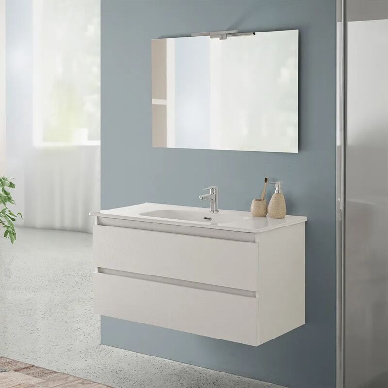 foto del prodotto inbagno mobile bagno sospeso 100 rovere bianco completo con 2 cassetti nadia