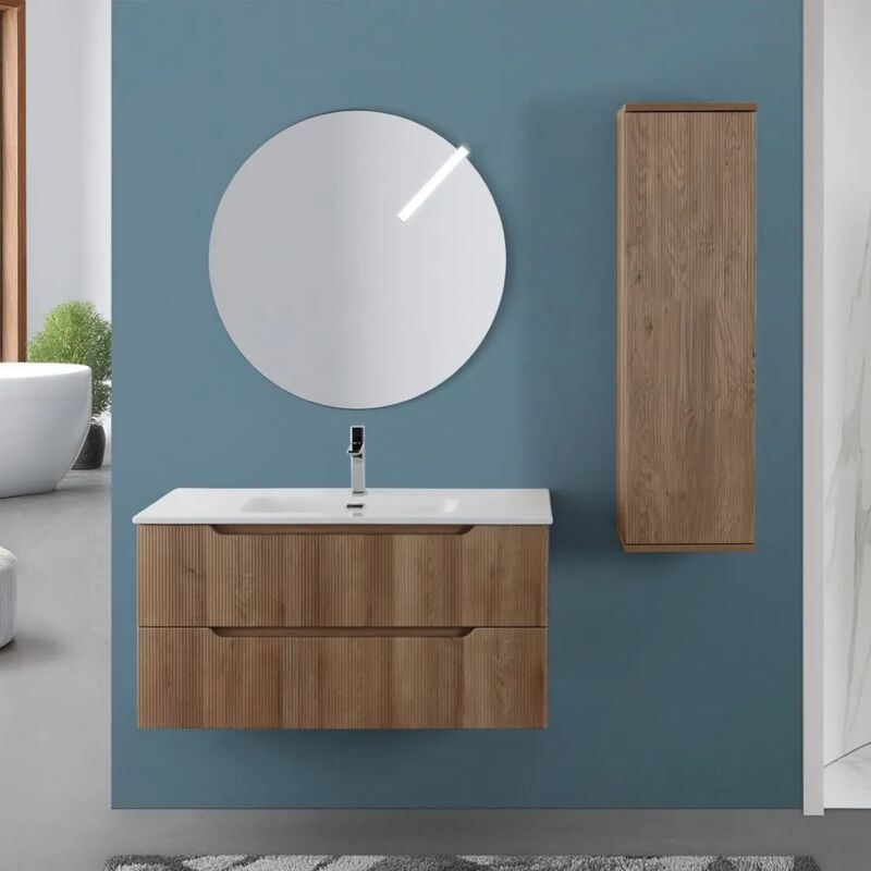 foto del prodotto inbagno mobile bagno sospeso 100 rovere cannettato doppi cassetto lavabo e specchio wise