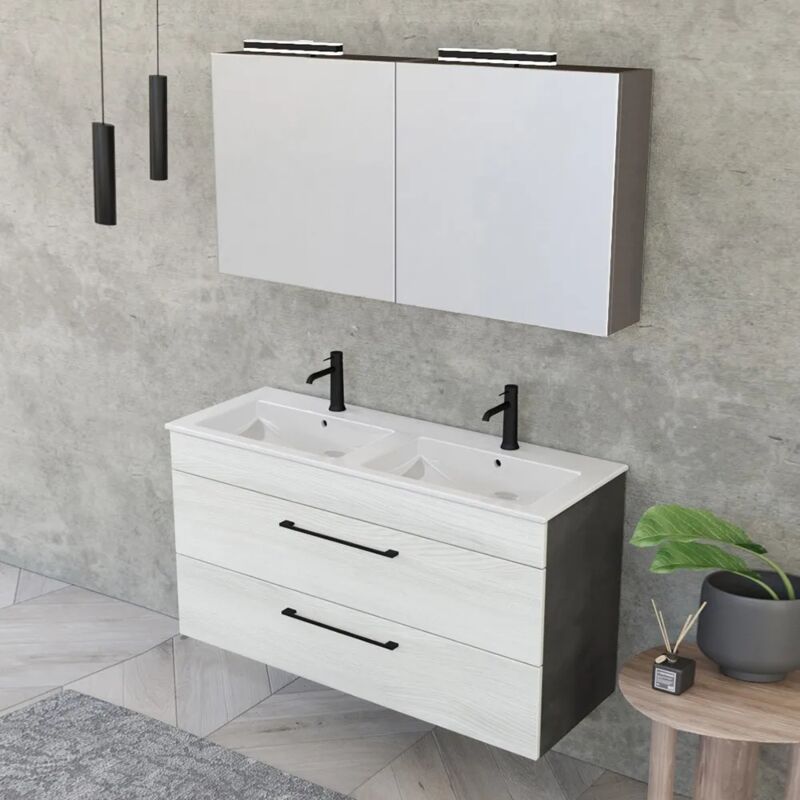 foto del prodotto inbagno mobile bagno sospeso 120 cm smart bianco legno lava con specchio contenitore