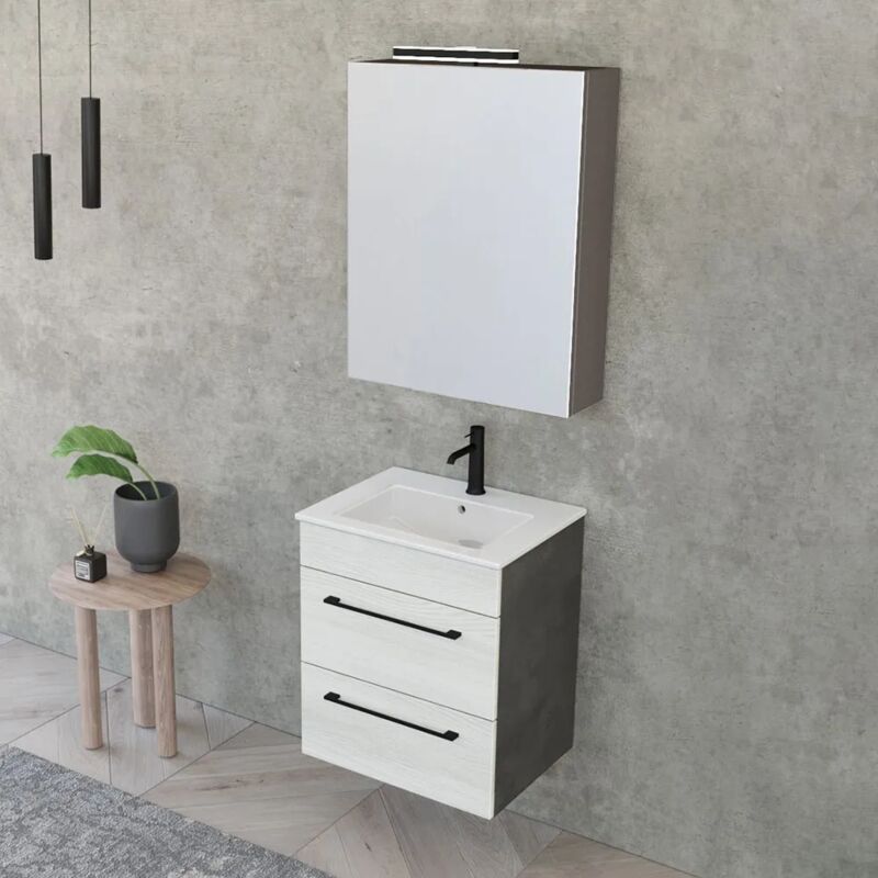 foto del prodotto inbagno mobile bagno sospeso 55 cm smart bianco legno lava con lavabo e specchio