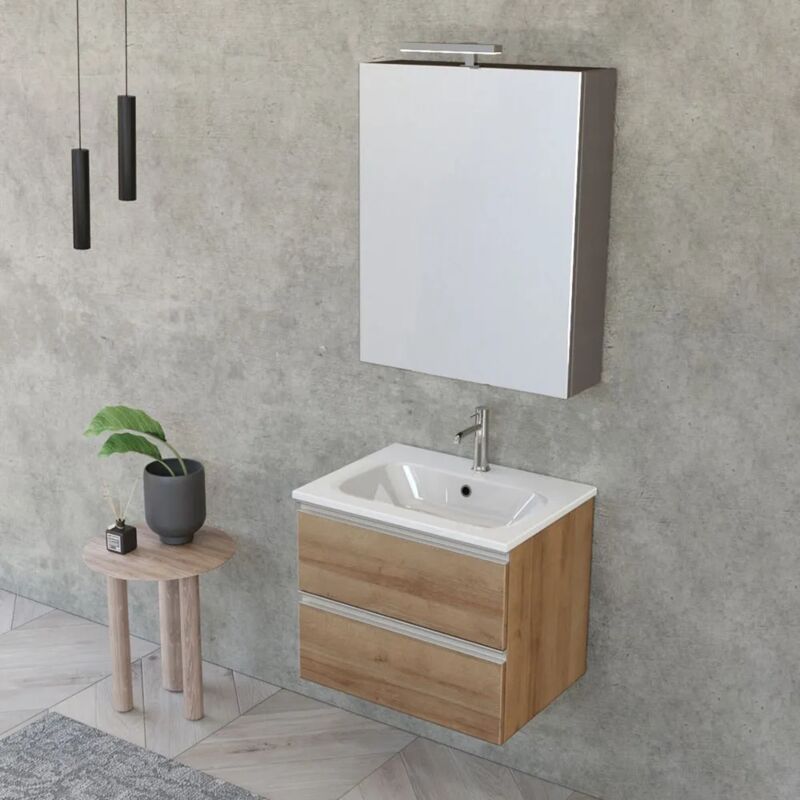 foto del prodotto inbagno mobile bagno sospeso 60 cm master rovere miele con specchio contenitore
