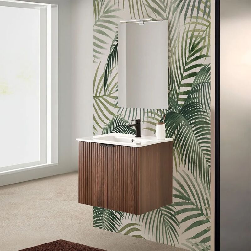 foto del prodotto inbagno mobile bagno sospeso 60 cm noce cannettato con lavabo e specchio