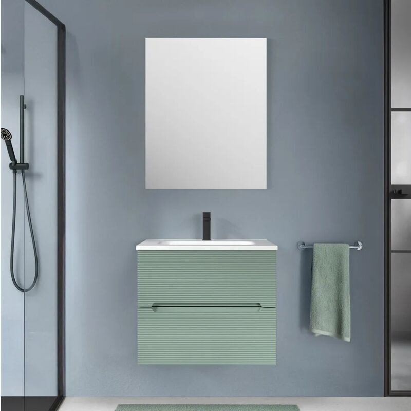 foto del prodotto inbagno mobile bagno sospeso 60 verde cannettato 2 cassetti lavabo e specchio rigo