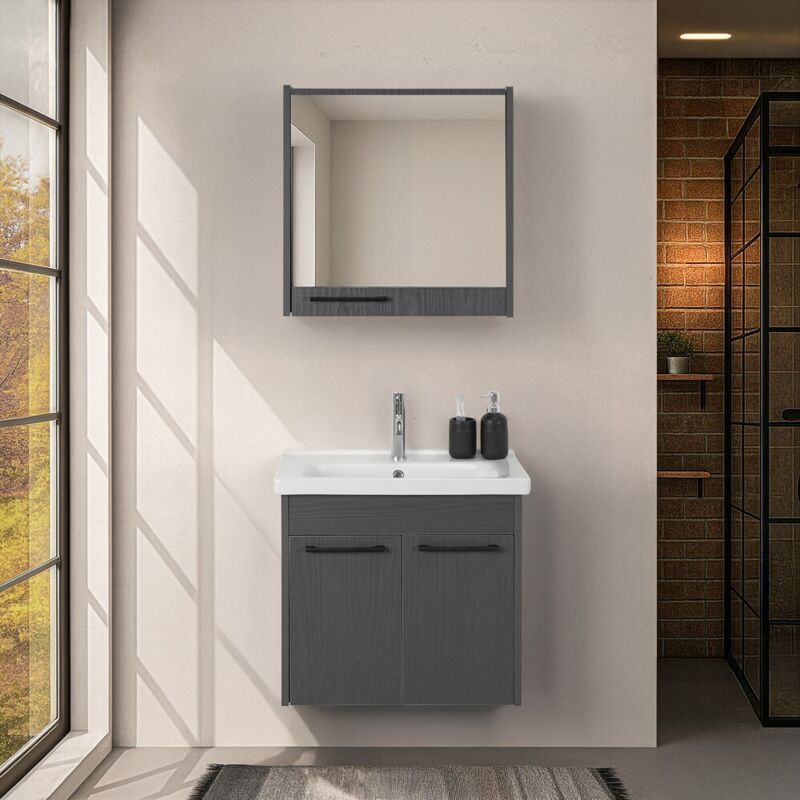 foto del prodotto inbagno - mobile bagno sospeso 65 cm grigio effetto legno con armadietto a specchio sofia