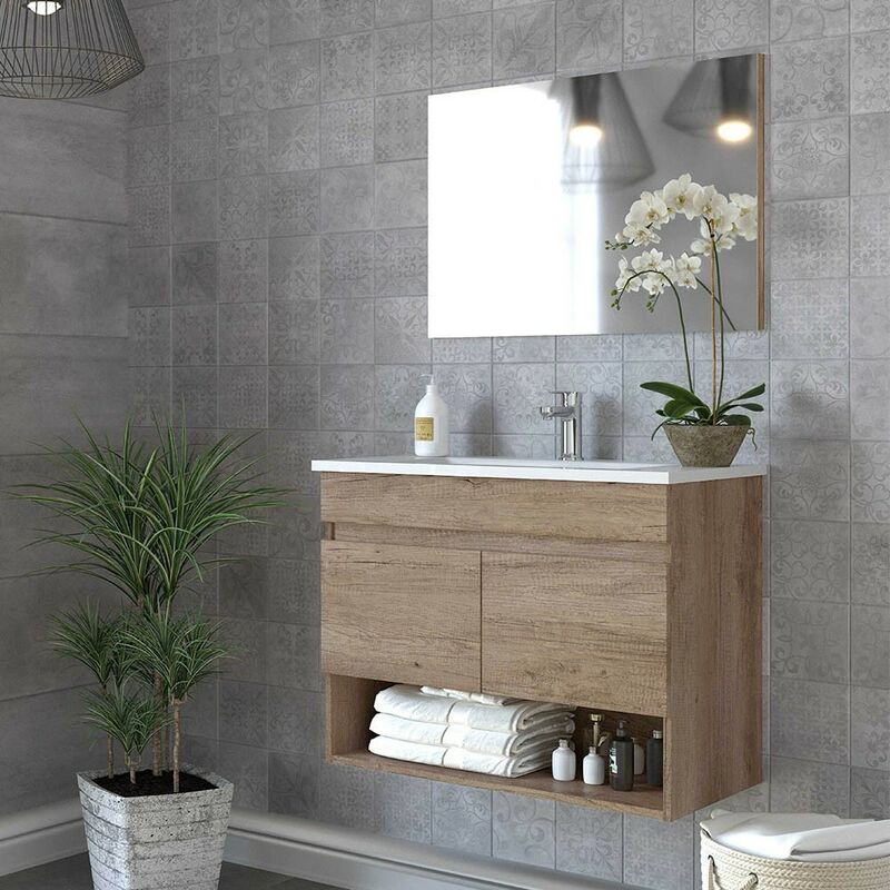 foto del prodotto inbagno mobile bagno sospeso 80 cm 2 ante serie oasi rovere con specchio e lavabo