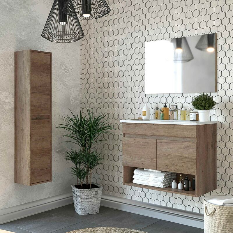 foto del prodotto inbagno mobile bagno sospeso 80 cm 2 ante serie oasi rovere con specchio e pensile