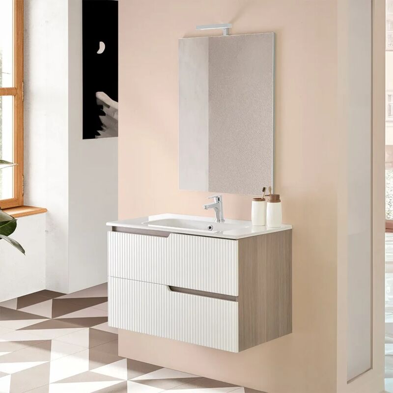 foto del prodotto inbagno mobile bagno sospeso 80 cm bianco cannettato e olmo con specchio porto