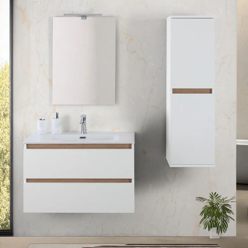 foto del prodotto inbagno mobile bagno sospeso 80 cm bianco e rovere con cassetti soft close kleo