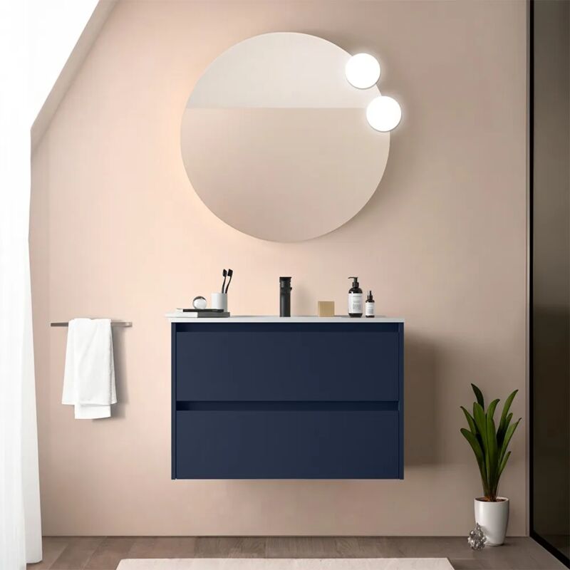 foto del prodotto inbagno mobile bagno sospeso 80 cm blu satinato con specchio e lavabo gaya