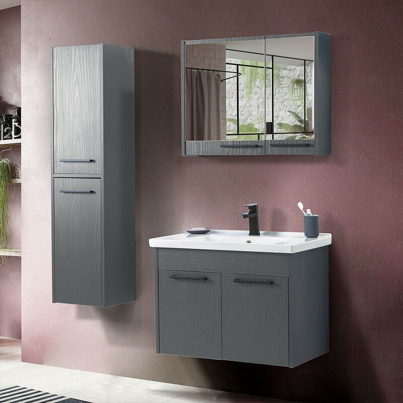 foto del prodotto inbagno mobile bagno sospeso 80 cm grigio effetto legno con armadietto a specchio sofia