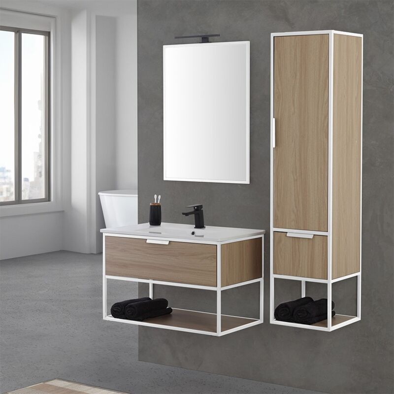 foto del prodotto inbagno mobile bagno sospeso 80 cm industrial bianco e legno con pensile baketo