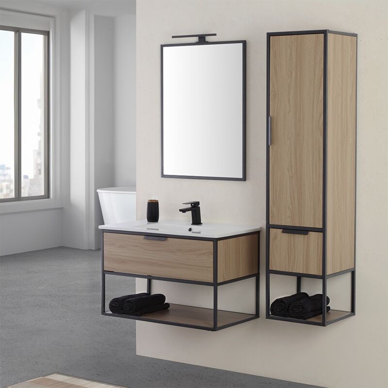 foto del prodotto inbagno mobile bagno sospeso 80 cm industrial nero e legno con pensile baketo