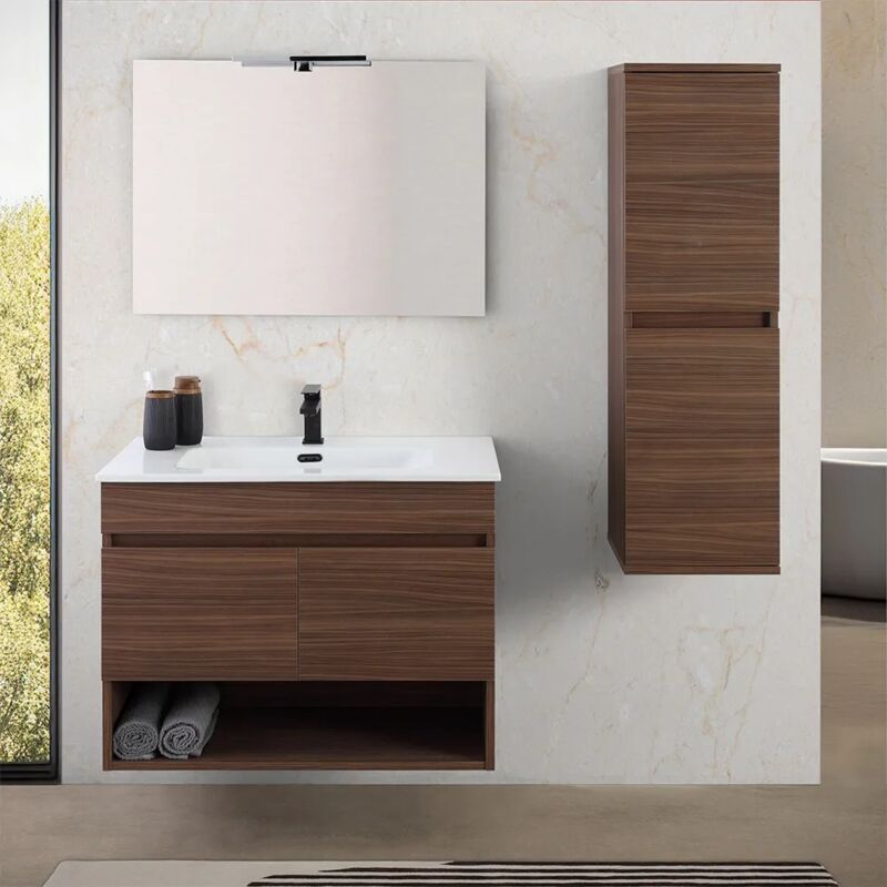 foto del prodotto inbagno mobile bagno sospeso 80 cm noce canaletto con ante e vano a giorno kleo