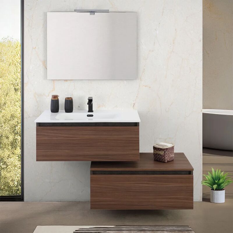 foto del prodotto inbagno mobile bagno sospeso 80 cm ossido e noce con cassetto sfalsato kleo