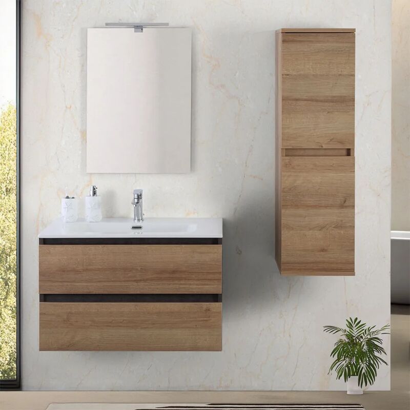 foto del prodotto inbagno mobile bagno sospeso 80 cm ossido e rovere con cassetti soft close kleo