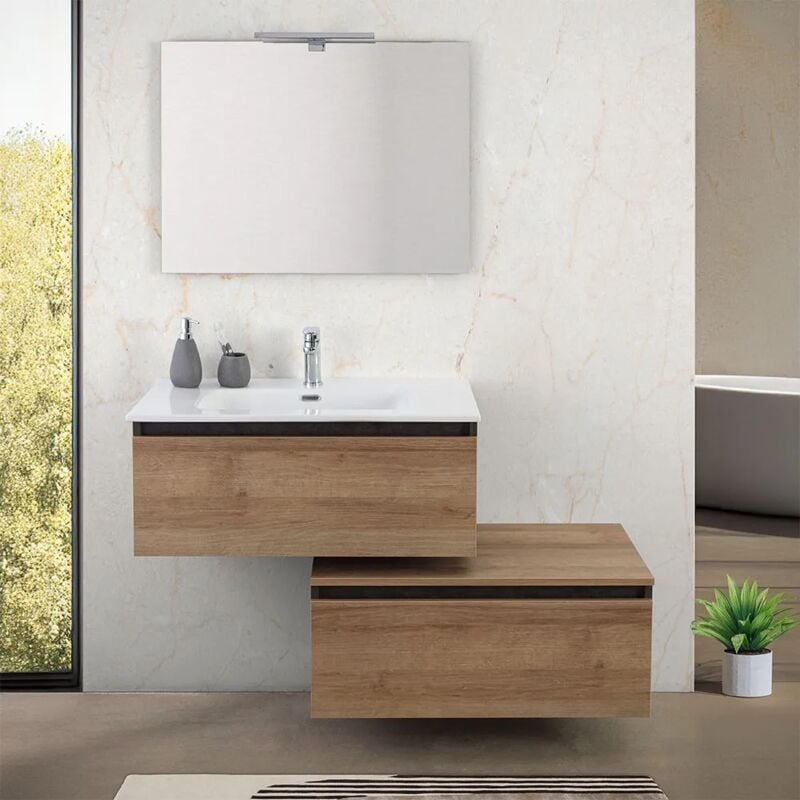 foto del prodotto inbagno mobile bagno sospeso 80 cm ossido e rovere con cassetto sfalsato kleo