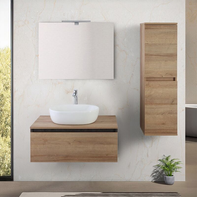 foto del prodotto inbagno mobile bagno sospeso 80 cm ossido e rovere con lavabo e specchio kleo