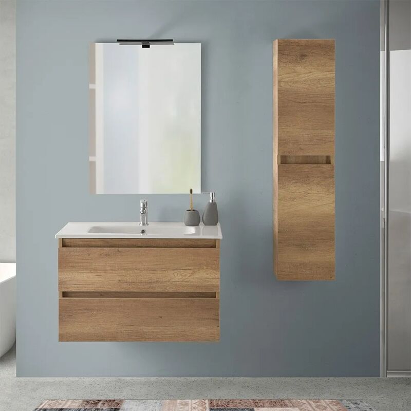 foto del prodotto inbagno - mobile bagno sospeso 80 cm rovere naturale con pensile h 125 cm nadia