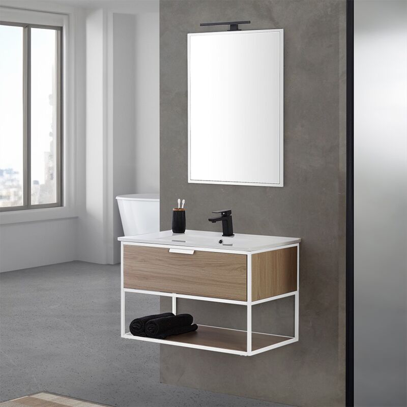 foto del prodotto inbagno mobile bagno sospeso 80 cm stile industrial bianco e legno baketo