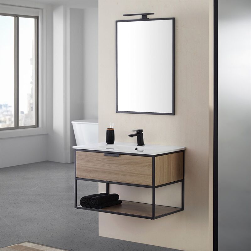 foto del prodotto inbagno mobile bagno sospeso 80 cm stile industrial nero e legno baketo