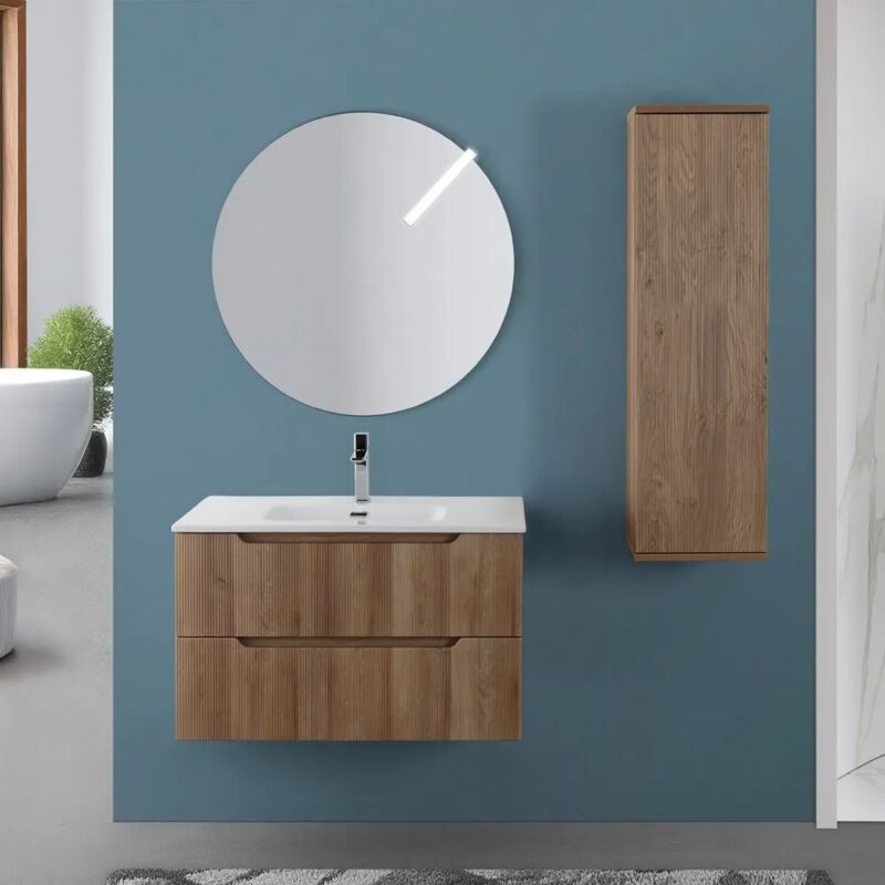 foto del prodotto inbagno mobile bagno sospeso 80 rovere cannettato doppi cassetto lavabo e specchio wise
