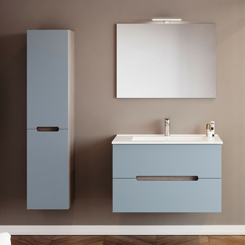 foto del prodotto inbagno mobile bagno sospeso 80 rovere fumo e blu pastello con lavabo e specchio iris
