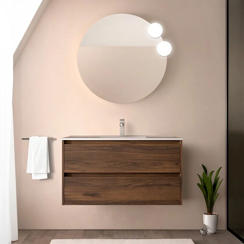 foto del prodotto inbagno mobile bagno sospeso 90 cm noce maya con specchio e lavabo gaya