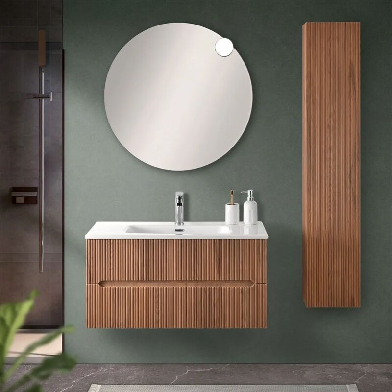 foto del prodotto inbagno mobile bagno sospeso cannettato 90 cm noce canaletto con specchio bali