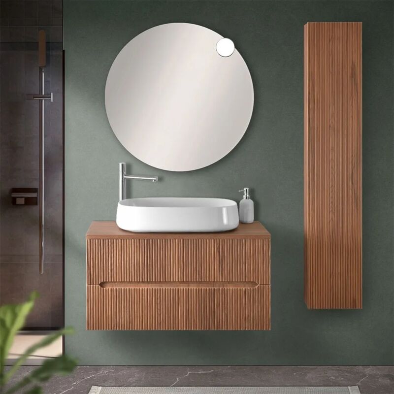 foto del prodotto inbagno mobile bagno sospeso cannettato 90 cm noce con top e specchio bali