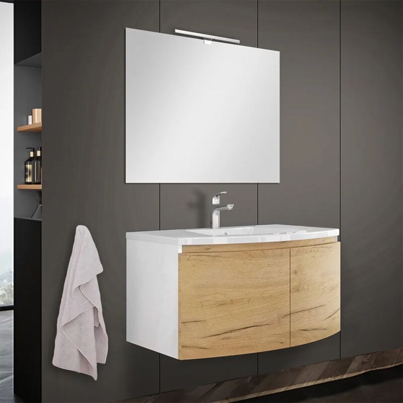 foto del prodotto inbagno mobile bagno sospeso curvo 80 cm rovere oro con lavabo e specchio
