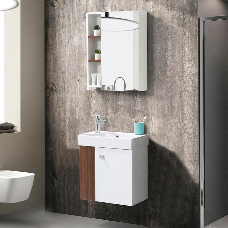 foto del prodotto inbagno mobile bagno sospeso salvaspazio 55 cm bianco e noce canaletto con specchio strada