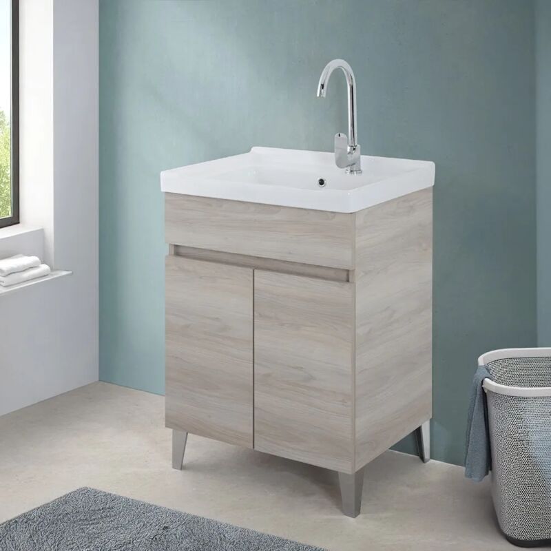 foto del prodotto inbagno mobile lavatoio 60x46,8 cm rovere grigio con vasca in ceramica bianca