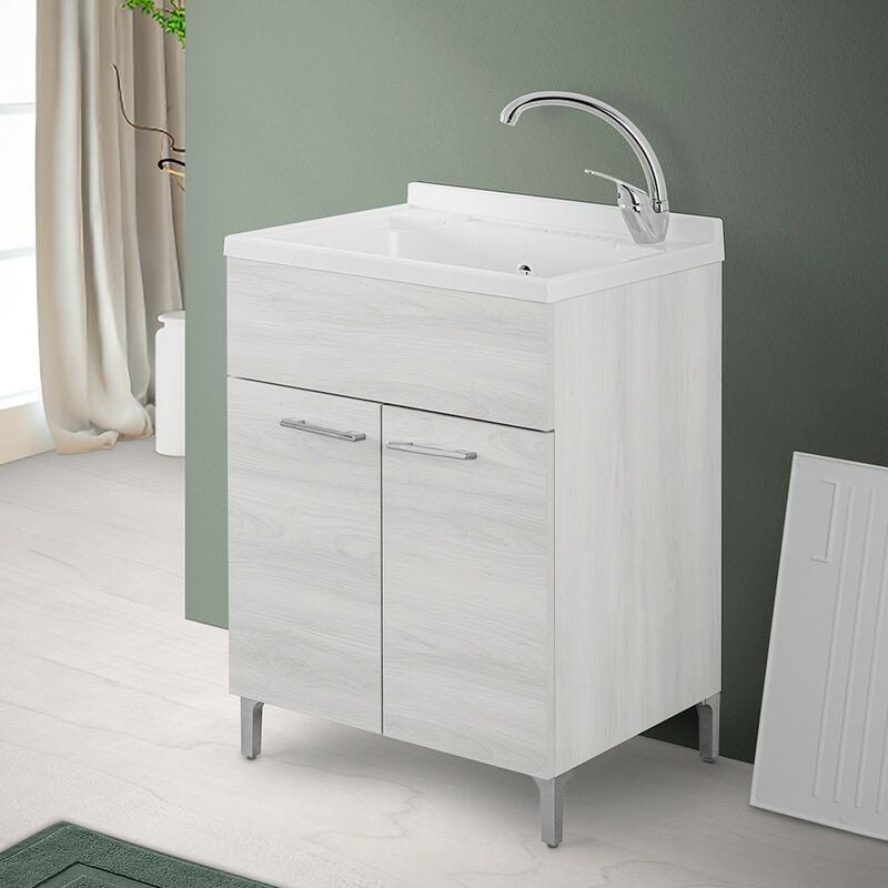 foto del prodotto inbagno mobile lavatoio 60x50 cm 2 ante bianco venato con vaschetta in resina