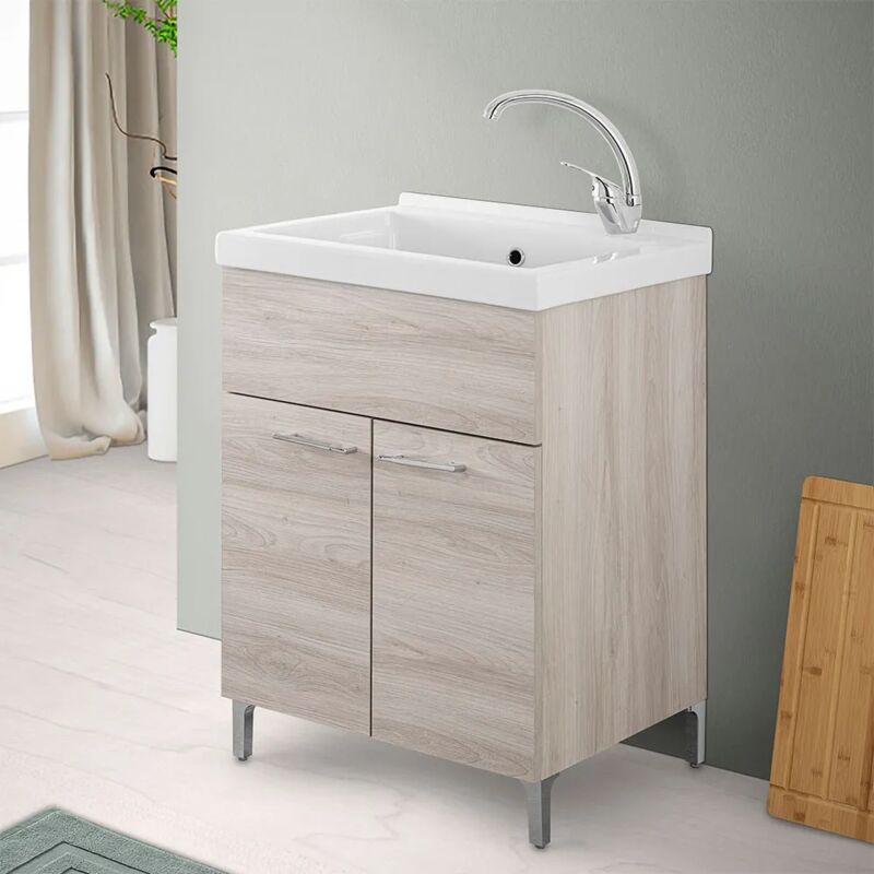 foto del prodotto inbagno mobile lavatoio 60x50 cm rovere grigio con vasca lavapanni in ceramica