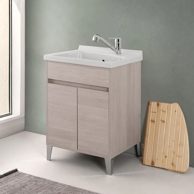 foto del prodotto inbagno mobile lavatoio 60x50 rovere chiaro way con vasca in ceramica dolomite