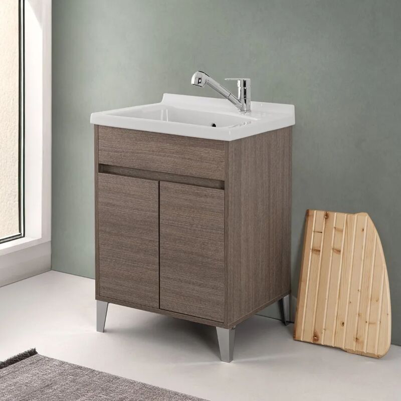 foto del prodotto inbagno mobile lavatoio 60x50 rovere scuro way con vasca in ceramica dolomite