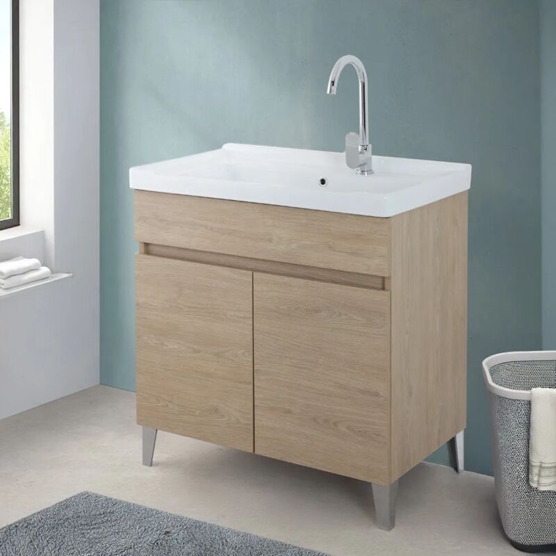 foto del prodotto inbagno mobile lavatoio 79x46,8 cm rovere dolomite con vasca in ceramica bianca