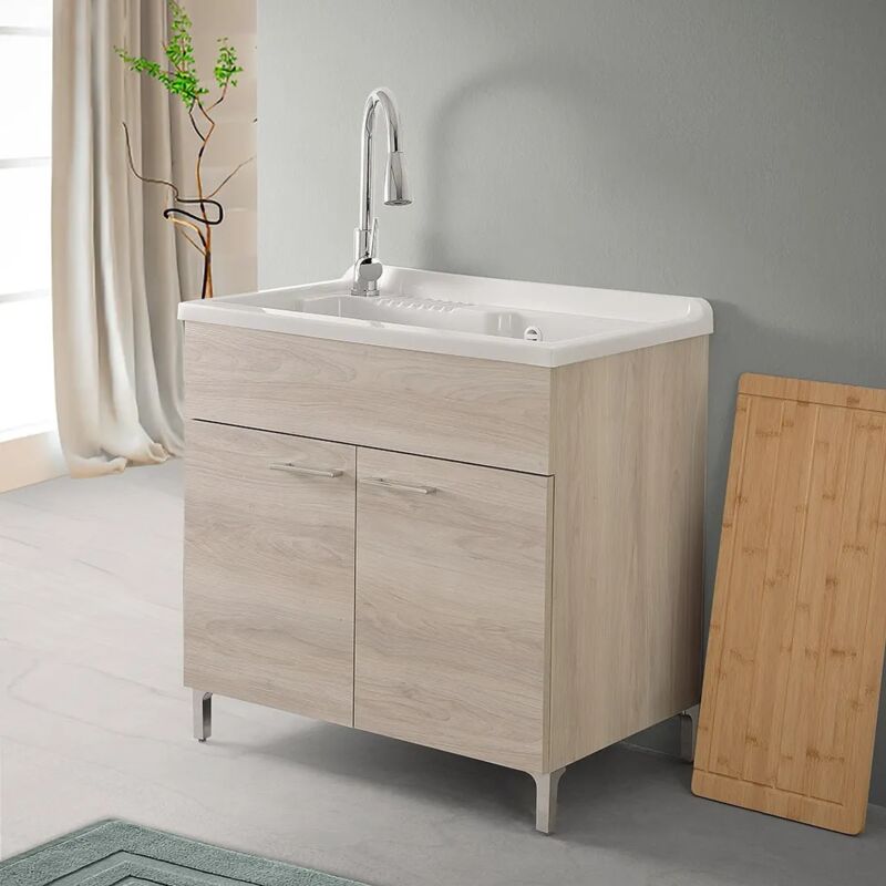 foto del prodotto inbagno mobile lavatoio 80x50 cm rovere grigio con vasca e kit di scarico