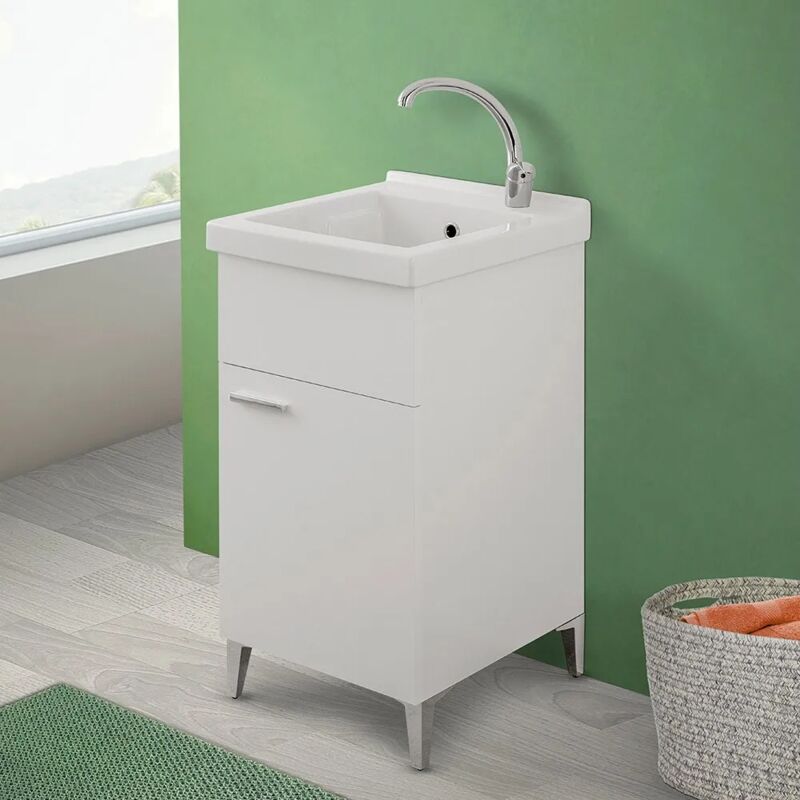 foto del prodotto inbagno mobile lavatoio bianco 45x50 cm con vasca in ceramica e kit scarico